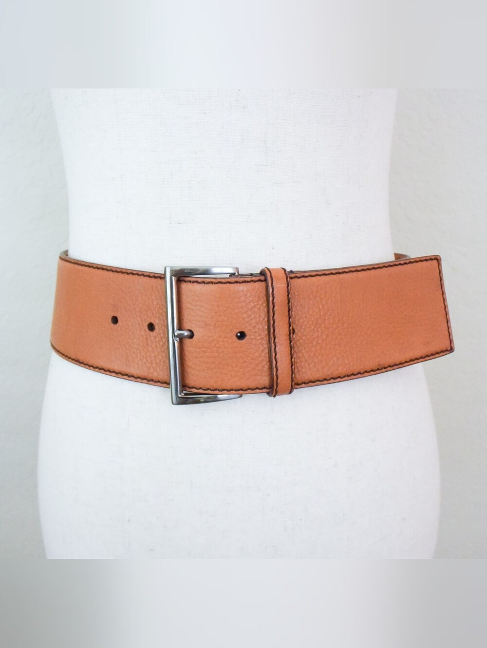 *PRADA* Wide Leather Brown/Tan Stitched Belt, size 30" (75cm). Made in Italy.